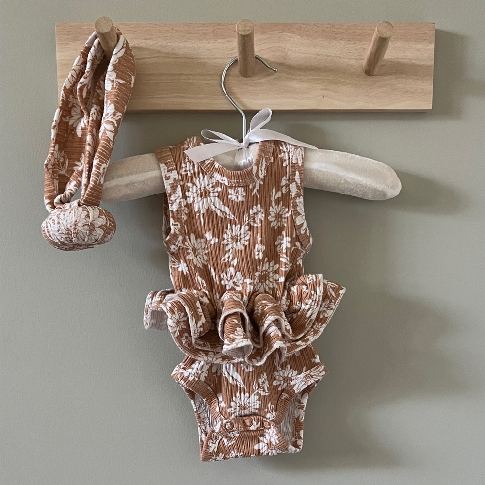 Rachel Zoe Tan and White Floral Baby Onesie with matching headband